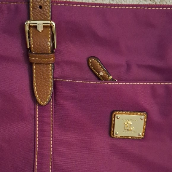 Ralph Lauren Purple Magenta Nylon Tote Shoulder Bag With Brown Straps - Picture 10 of 10